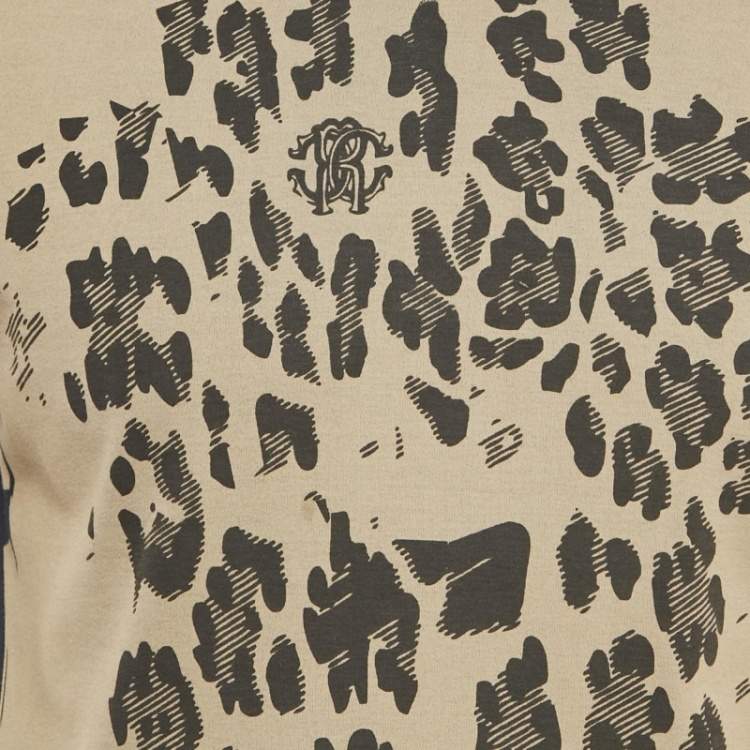 Pre Owned Roberto Cavalli Brown Printed Jersey V-Neck T-Shirt M