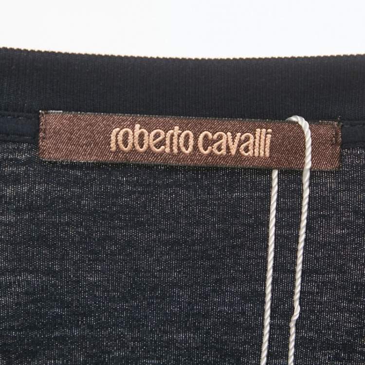 Pre Owned Roberto Cavalli Brown Printed Jersey V-Neck T-Shirt M