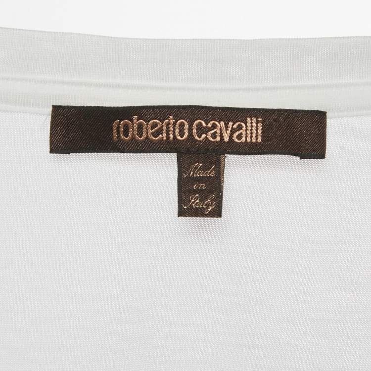 Pre Owned Roberto Cavalli White Embroidered Jersey V-Neck T-Shirt S