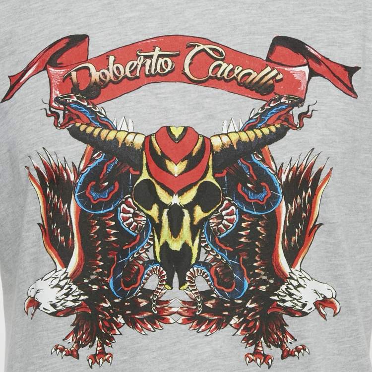 Pre Owned Roberto Cavalli Grey Eagle Print Jersey T-Shirt XL