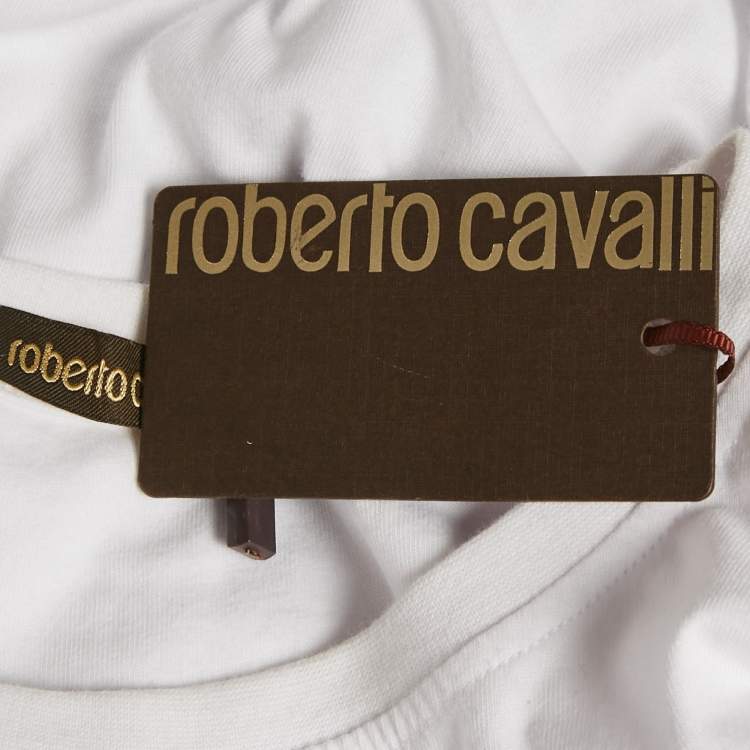 Pre Owned Roberto Cavalli White Snake Print Jersey T-Shirt L