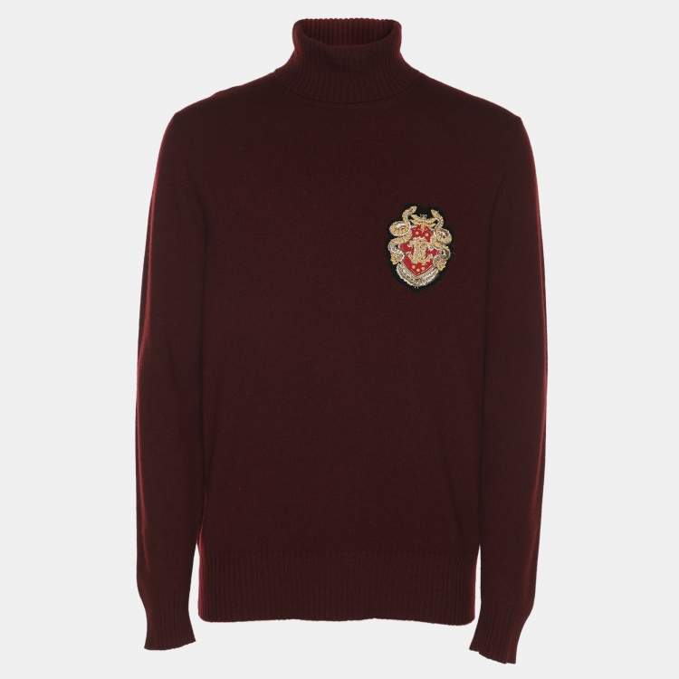 مملوكة مسبقًا Roberto Cavalli Burgundy Wool Blend Logo Patch Turtle Neck Sweater M