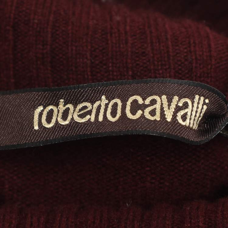مملوكة مسبقًا Roberto Cavalli Burgundy Wool Blend Logo Patch Turtle Neck Sweater M