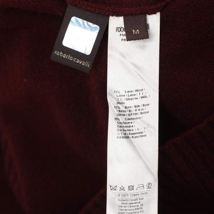 مملوكة مسبقًا Roberto Cavalli Burgundy Wool Blend Logo Patch Turtle Neck Sweater M