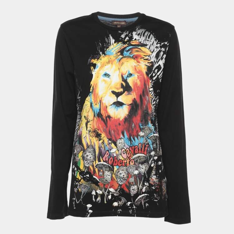 Pre Owned Roberto Cavalli Black Jersey Tiger Print Full Sleeve T-Shirt M