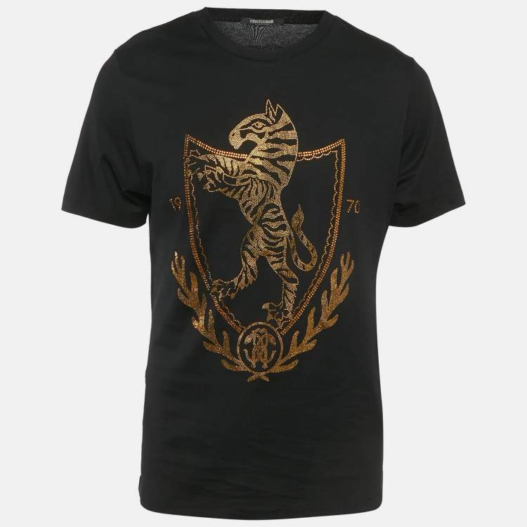Pre Owned Roberto Cavalli Black Crest Crystal Embellished Cotton Knit T-Shirt L
