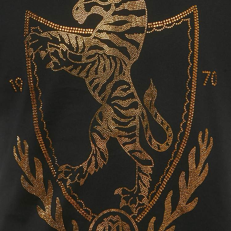 Pre Owned Roberto Cavalli Black Crest Crystal Embellished Cotton Knit T-Shirt L
