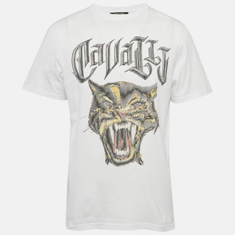 Pre Owned Roberto Cavalli White Big Cat Print Jersey T-Shirt M