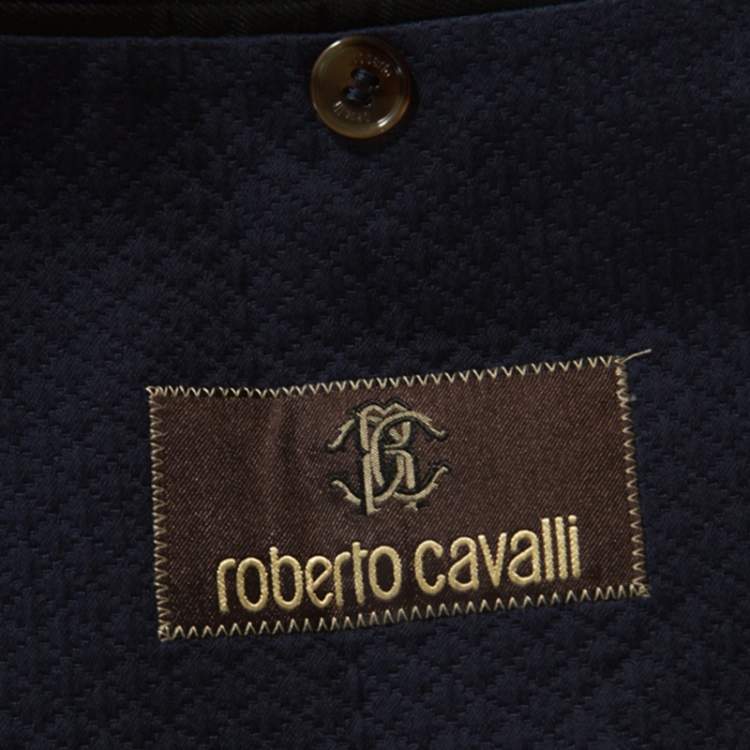 Pre Owned Roberto Cavalli Navy Blue Patterned Contrast Trim Blazer L