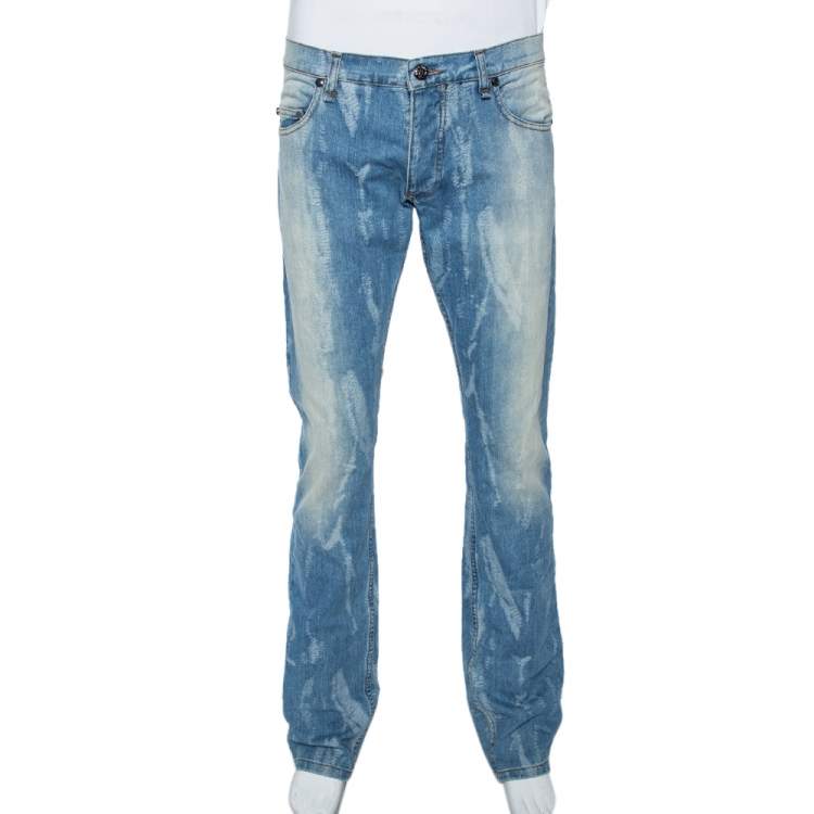 Roberto Cavalli Blue Light Wash Denim Distressed Pattern Jeans S ...