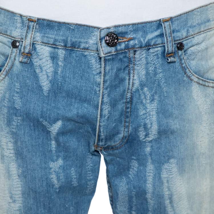 Pre Owned Roberto Cavalli Blue Light Wash Denim Distressed Pattern Jeans S