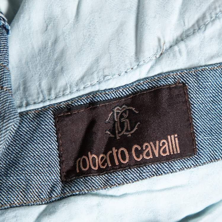 Pre Owned Roberto Cavalli Blue Medium Wash Distressed Denim Straight Fit Jeans L 