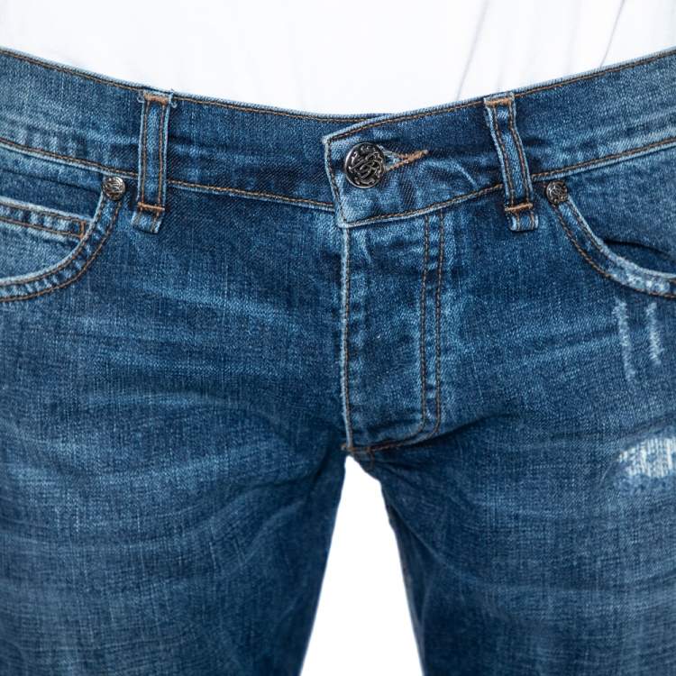 Pre Owned Roberto Cavalli Blue Medium Wash Distressed Denim Straight Fit Jeans L 