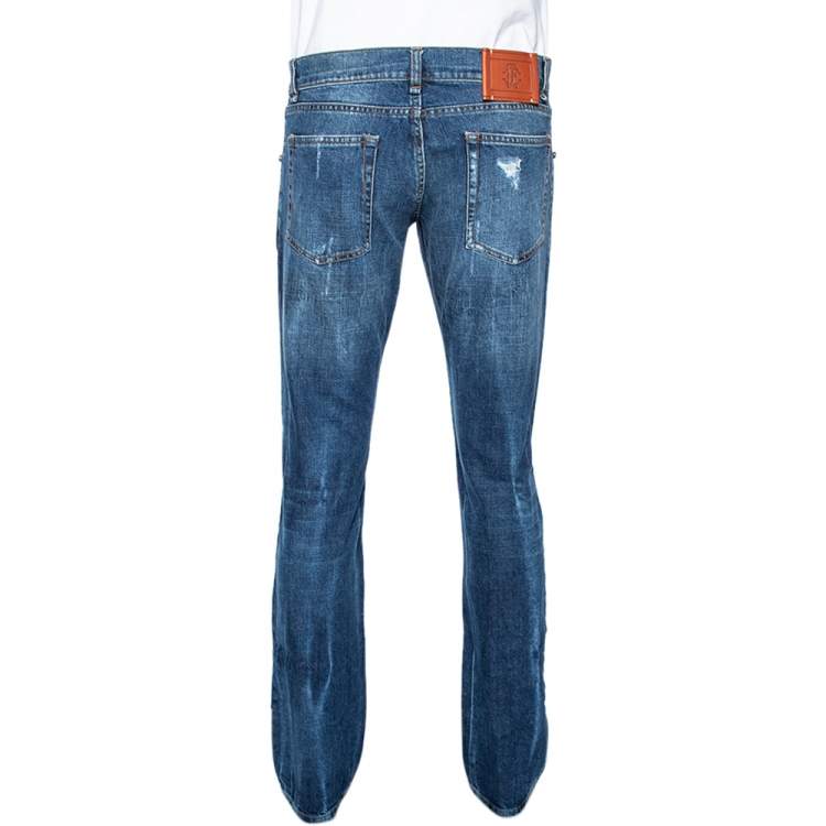 Pre Owned Roberto Cavalli Blue Medium Wash Distressed Denim Straight Fit Jeans L 