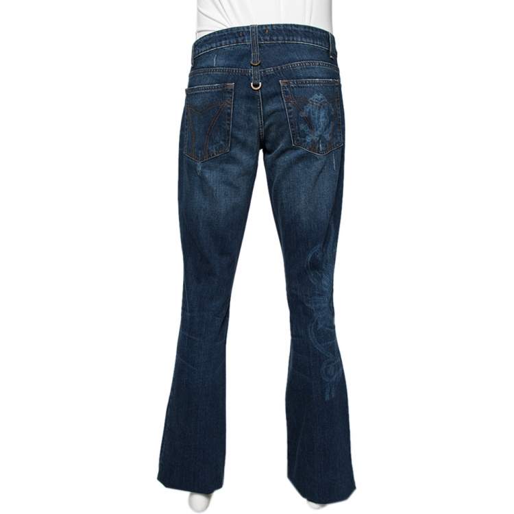 Pre Owned Roberto Cavalli Blue Dragon Effect Denim Boot Cut Jeans S 