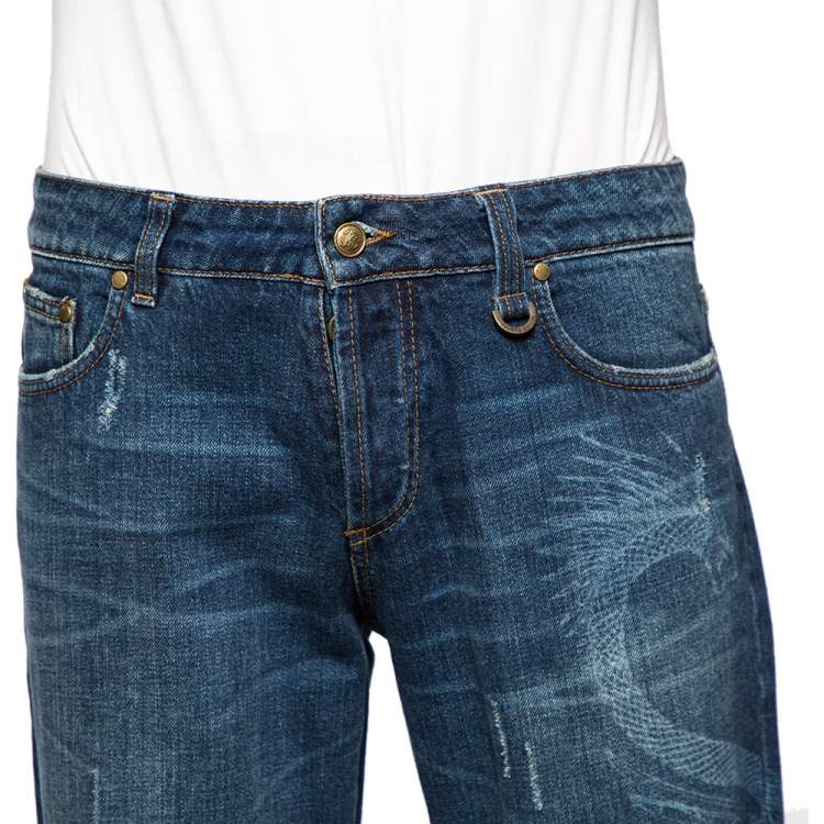 Pre Owned Roberto Cavalli Blue Dragon Effect Denim Boot Cut Jeans S 
