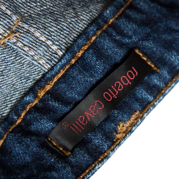 Pre Owned Roberto Cavalli Blue Dragon Effect Denim Boot Cut Jeans S 
