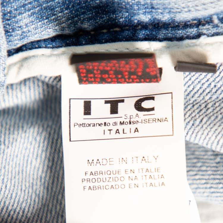 Pre Owned Roberto Cavalli Blue Denim Leather Pocket Patch Straight Fit Jeans M