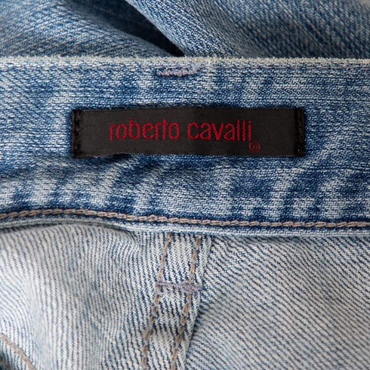 Pre Owned Roberto Cavalli Blue Denim Leather Pocket Patch Straight Fit Jeans M