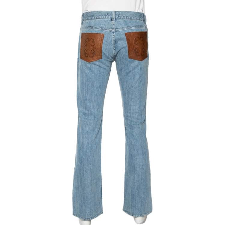 Pre Owned Roberto Cavalli Blue Denim Leather Pocket Patch Straight Fit Jeans M