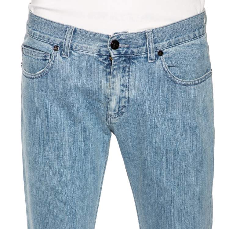 Pre Owned Roberto Cavalli Blue Denim Leather Pocket Patch Straight Fit Jeans M