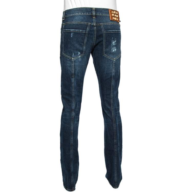 Pre Owned Roberto Cavalli Indigo Distressed Denim Brass Applique Detail Jeans L