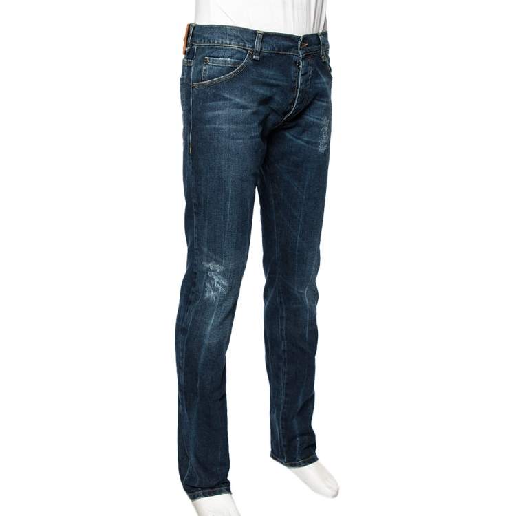 Pre Owned Roberto Cavalli Indigo Distressed Denim Brass Applique Detail Jeans L
