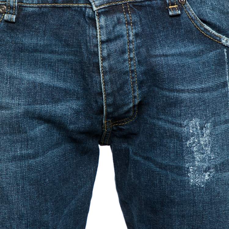 Pre Owned Roberto Cavalli Indigo Distressed Denim Brass Applique Detail Jeans L