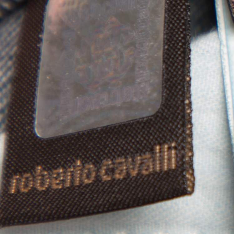Pre Owned Roberto Cavalli Indigo Distressed Denim Brass Applique Detail Jeans L