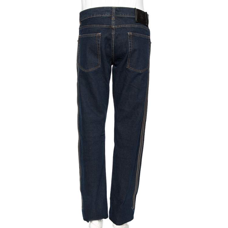 Pre Owned Roberto Cavalli Indigo Denim Embroidered Trim Detail Button-Up Jeans L