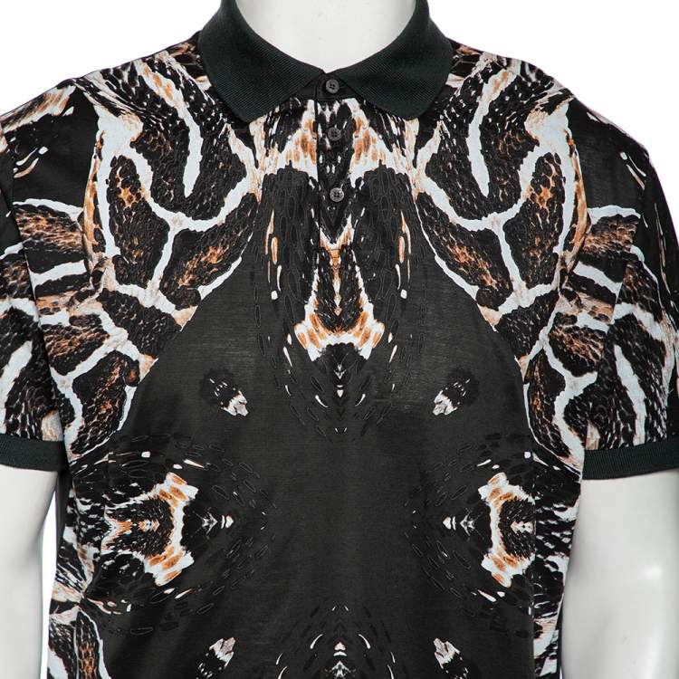Pre Owned Roberto Cavalli Dark Green Cotton Abstract Animal Pattern Polo T Shirt XXL