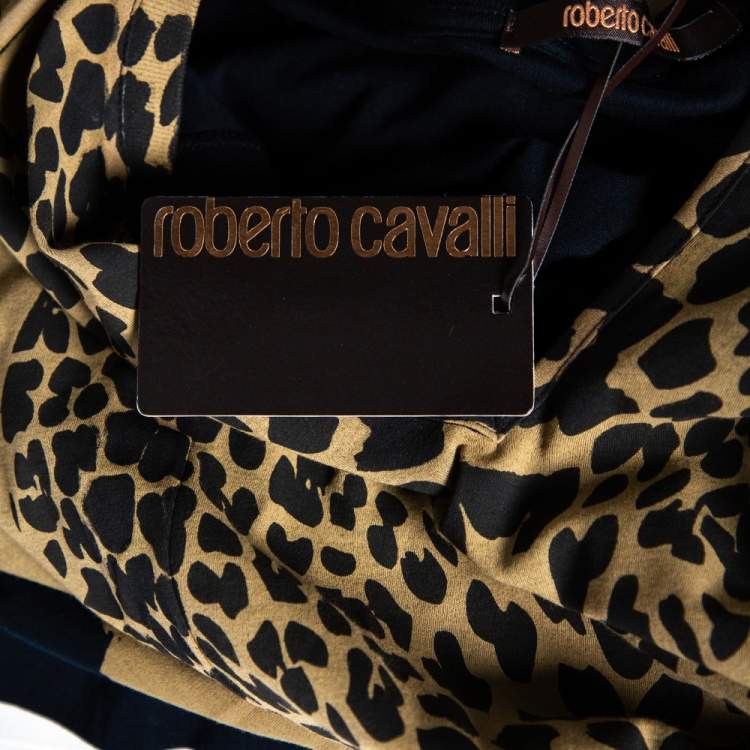 Pre Owned Roberto Cavalli Dark Beige Printed Cotton V-Neck T-Shirt M 