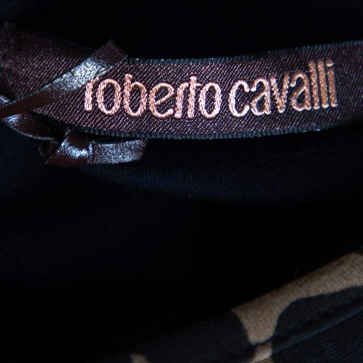 Pre Owned Roberto Cavalli Dark Beige Printed Cotton V-Neck T-Shirt M 