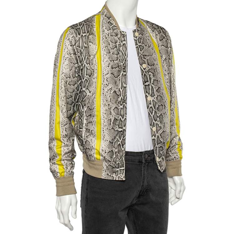 Pre Owned Roberto Cavalli Beige Snake Print Synthetic Rib Knit Trimmed Bomber Jacket S