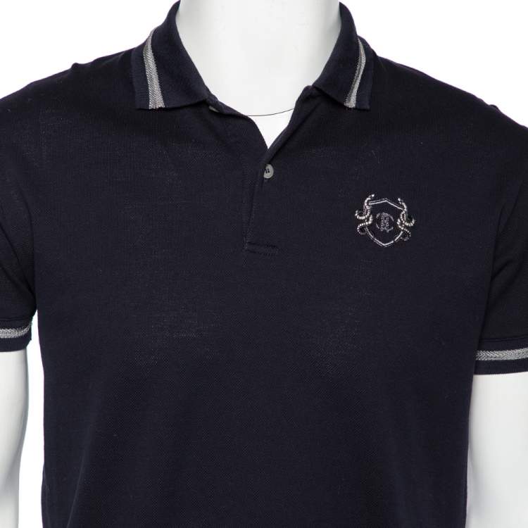 مملوكة مسبقًا Roberto Cavalli Navy Blue Cotton Pique Logo Crest Embroidered Polo T-Shirt M