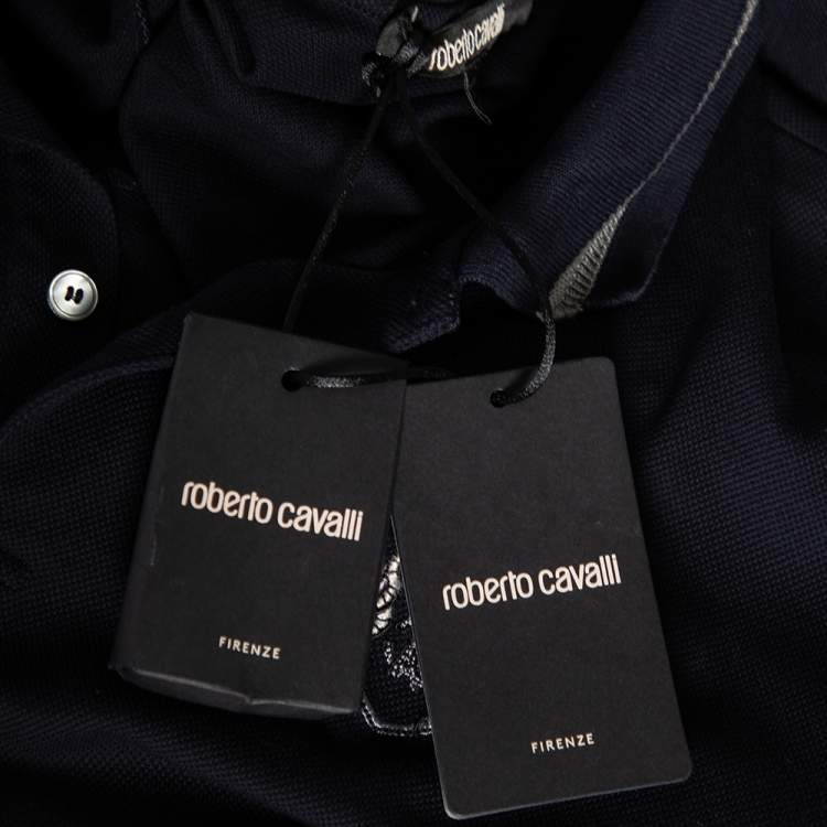 مملوكة مسبقًا Roberto Cavalli Navy Blue Cotton Pique Logo Crest Embroidered Polo T-Shirt M