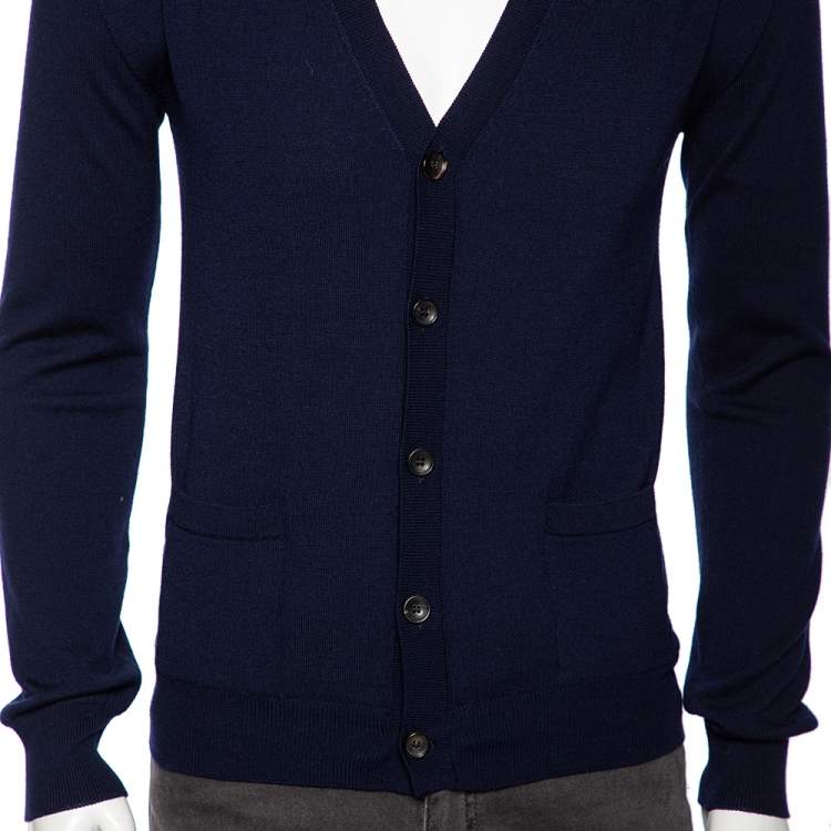 Pre Owned Roberto Cavalli Navy Blue Knit Pocketed Button Front Cardigan M