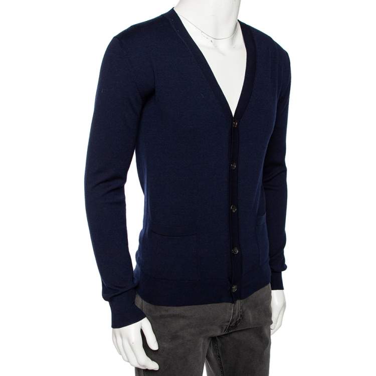 Pre Owned Roberto Cavalli Navy Blue Knit Pocketed Button Front Cardigan M