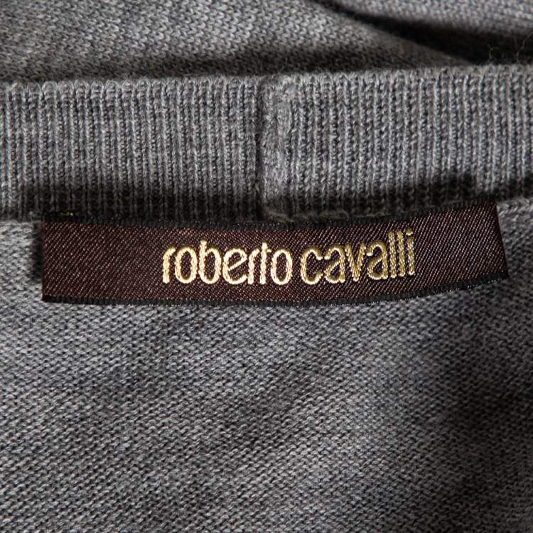 Pre Owned Roberto Cavalli Grey Knit Pocketed Button Front Cardigan M