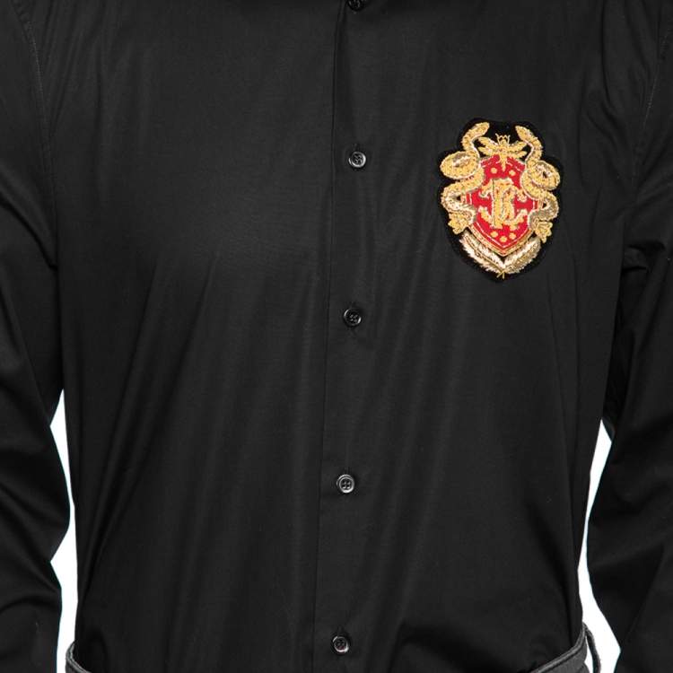 Pre Owned Roberto Cavalli Black Cotton Logo Crest Embroidered Button Front Shirt XL