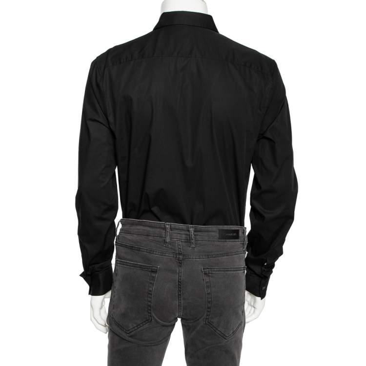Pre Owned Roberto Cavalli Black Cotton Logo Crest Embroidered Button Front Shirt XL