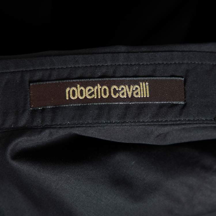 Pre Owned Roberto Cavalli Black Cotton Logo Crest Embroidered Button Front Shirt XL