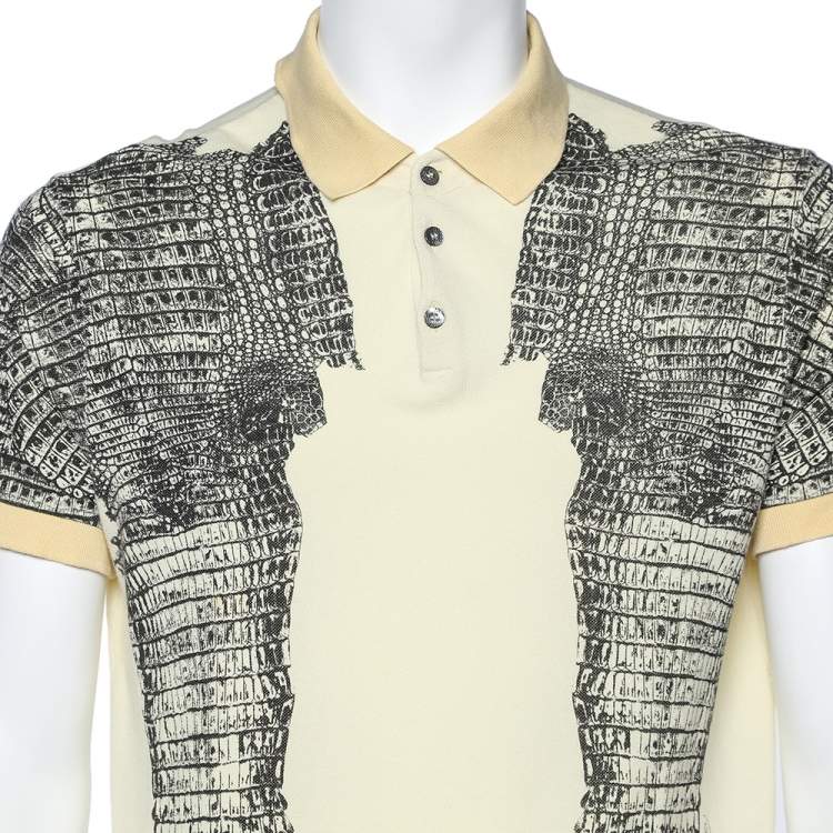 Pre Owned Roberto Cavalli Yellow Snakeskin Printed Cotton Pique Polo T-Shirt XL