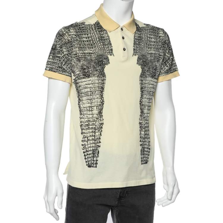 Pre Owned Roberto Cavalli Yellow Snakeskin Printed Cotton Pique Polo T-Shirt XL