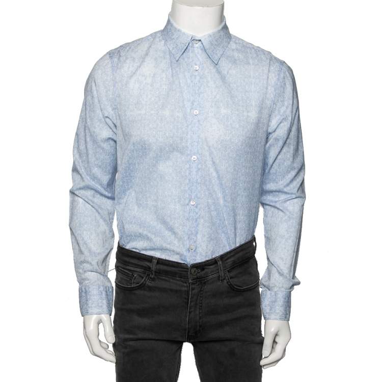 Pre Owned Roberto Cavalli Blue Floral Printed Full Sleeves Shirt L