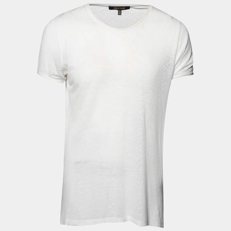 Pre Owned Roberto Cavalli White Textured Knit Crew Neck Short Sleeve T-Shirt M