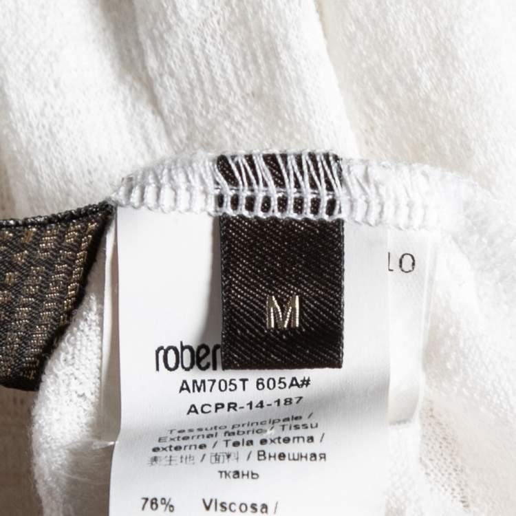 Pre Owned Roberto Cavalli White Textured Knit Crew Neck Short Sleeve T-Shirt M