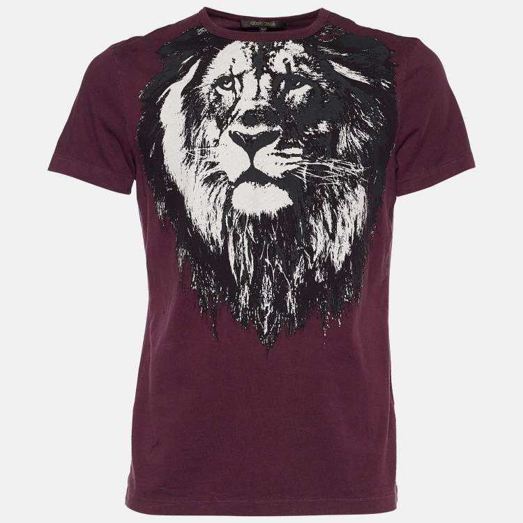 Pre Owned Roberto Cavalli Burgundy Printed Cotton T-shirt M