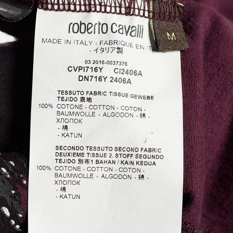 Pre Owned Roberto Cavalli Burgundy Printed Cotton T-shirt M