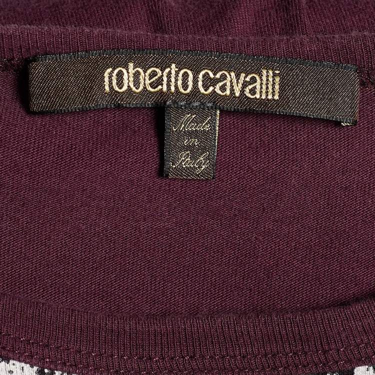 Pre Owned Roberto Cavalli Burgundy Printed Cotton T-shirt M